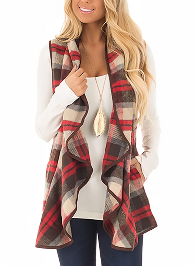 Unidear Womens Casual Plaid Print Sleeveless Open Front Cardigan Sweater with Pockets Light Red L - Image 2